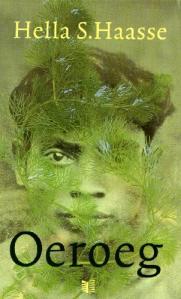 Cover of the book Oeroeg, showing an Indonesian native young man hiding behind green leaves